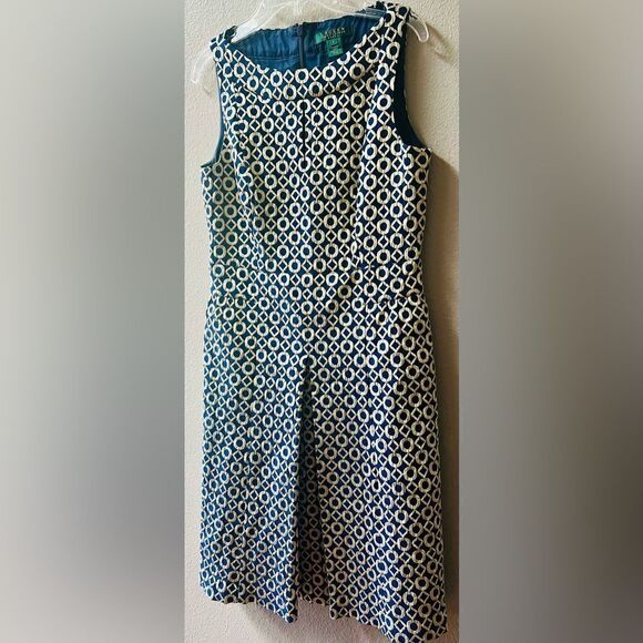 RALPH LAUREN BLUE/GOLD FAUX SPLIT FRONT SKIRT SHEATH DRESS SIZE 4 - Picture 5 of 11